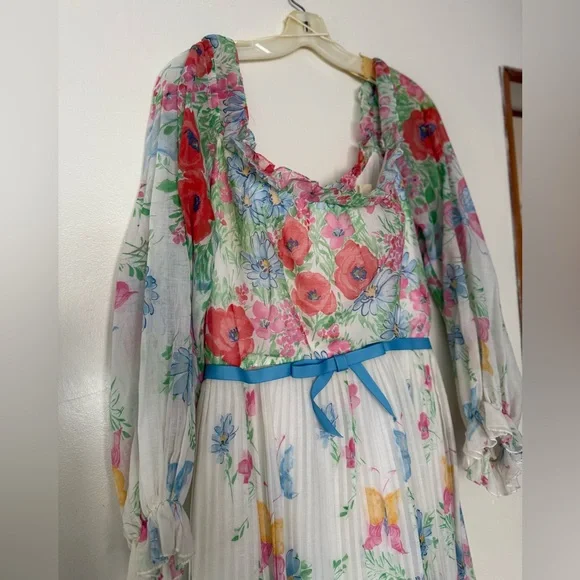 Vintage 1970s Pastel Floral Garden Maxi Dress Sheer Peasant Sleeve Womens Sz Lg - Picture 2 of 15